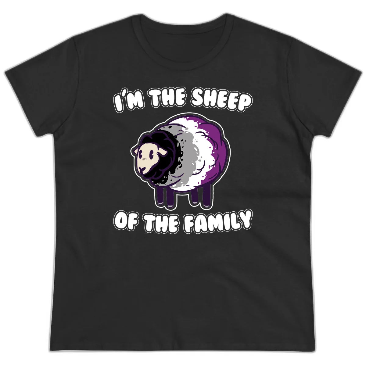 Cartoon purple and white sheep with text 'I'm the sheep of the family' - humorous family dynamic design in Black