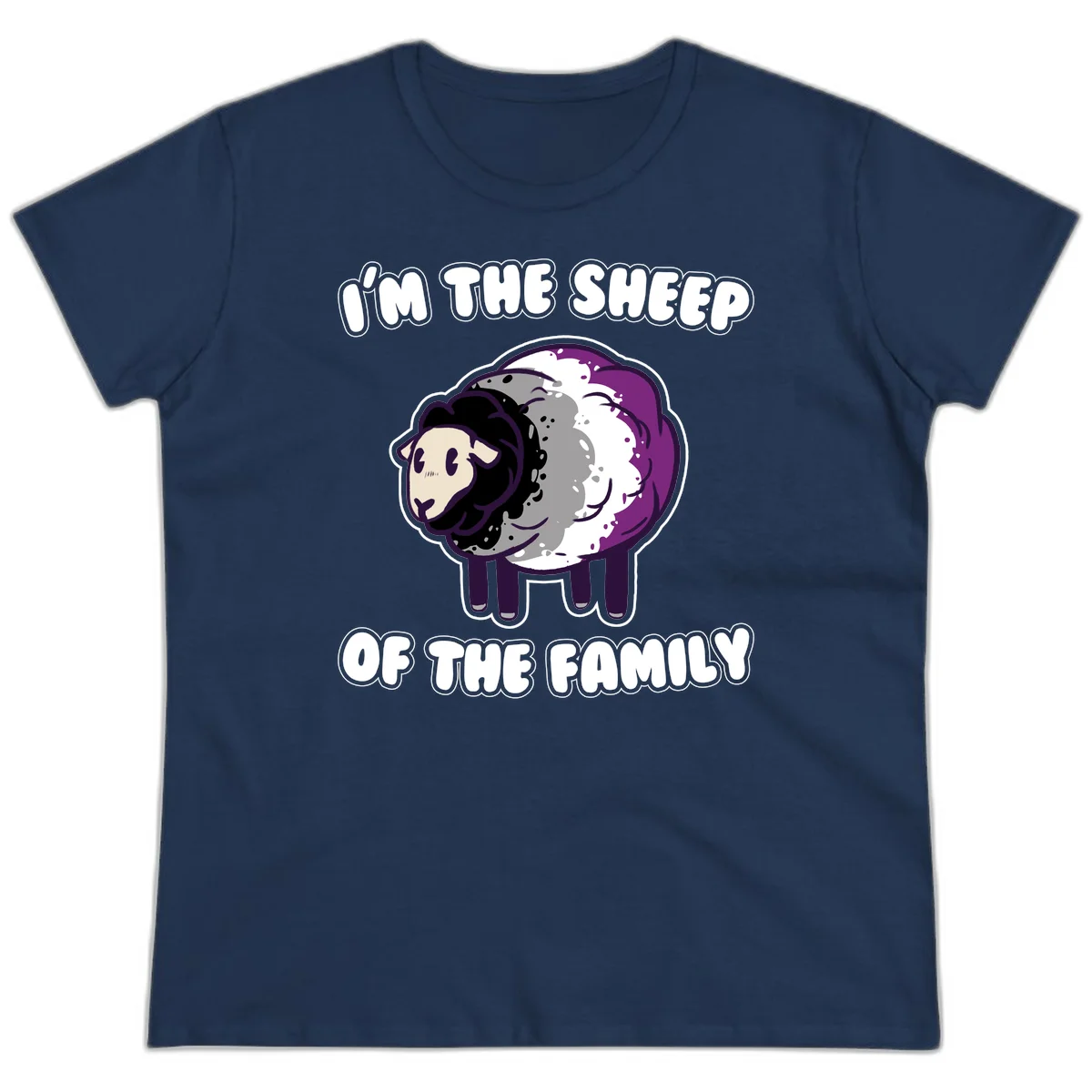 Cartoon purple and white sheep with text 'I'm the sheep of the family' - humorous family dynamic design in Navy