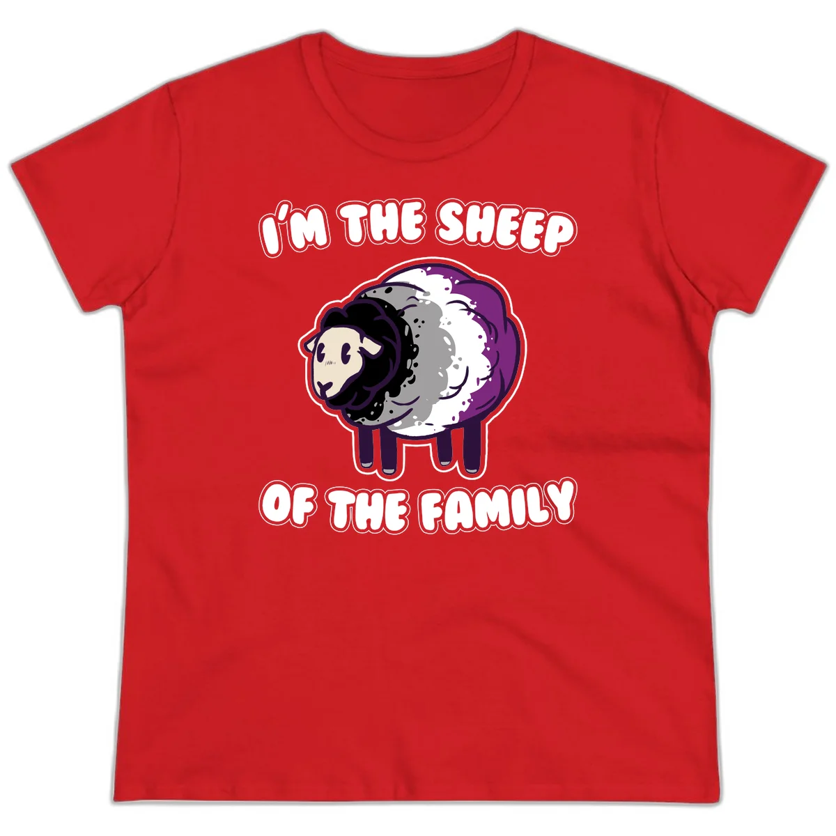 Cartoon purple and white sheep with text 'I'm the sheep of the family' - humorous family dynamic design in Red