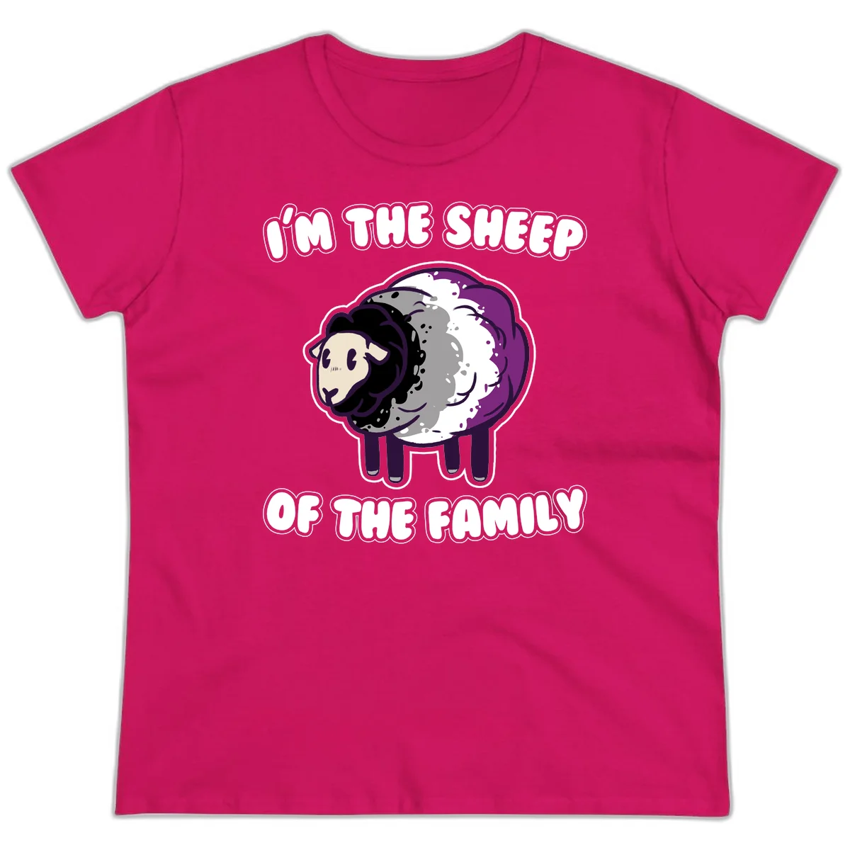 Cartoon purple and white sheep with text 'I'm the sheep of the family' - humorous family dynamic design in Heliconia