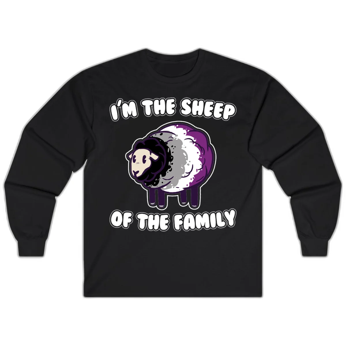 Cartoon purple and white sheep with text 'I'm the sheep of the family' - humorous family dynamic design in Black