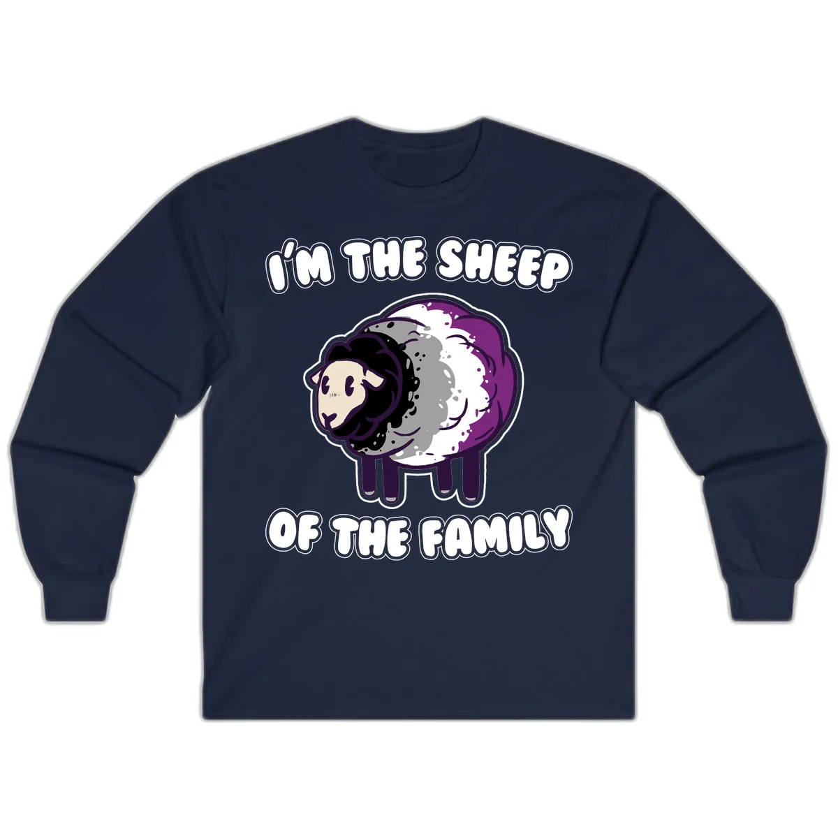 Cartoon purple and white sheep with text 'I'm the sheep of the family' - humorous family dynamic design in Navy