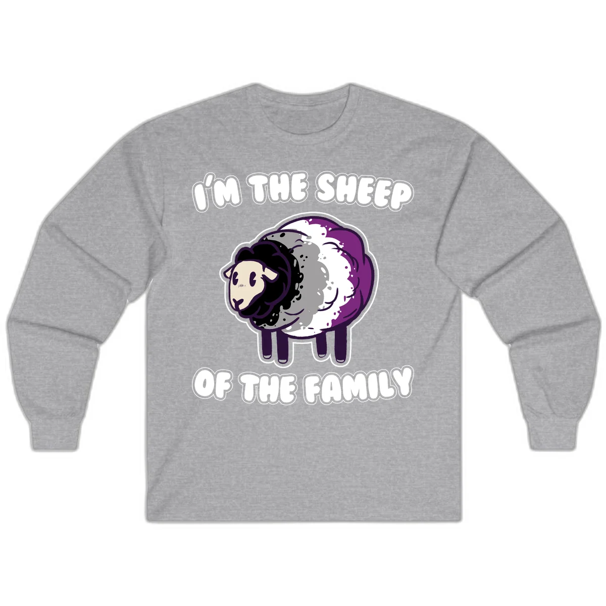 Cartoon purple and white sheep with text 'I'm the sheep of the family' - humorous family dynamic design in Sport Grey