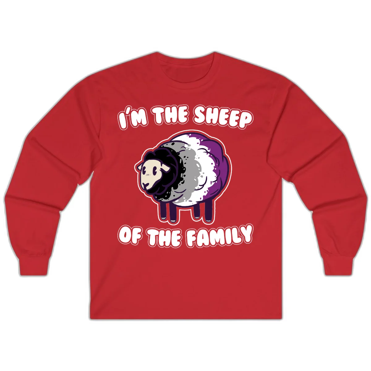 Cartoon purple and white sheep with text 'I'm the sheep of the family' - humorous family dynamic design in Red