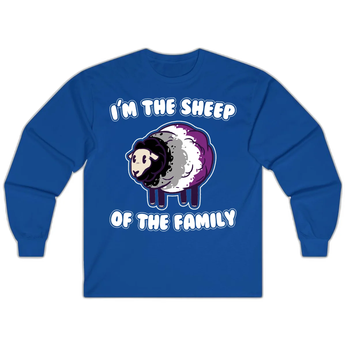 Cartoon purple and white sheep with text 'I'm the sheep of the family' - humorous family dynamic design in Royal