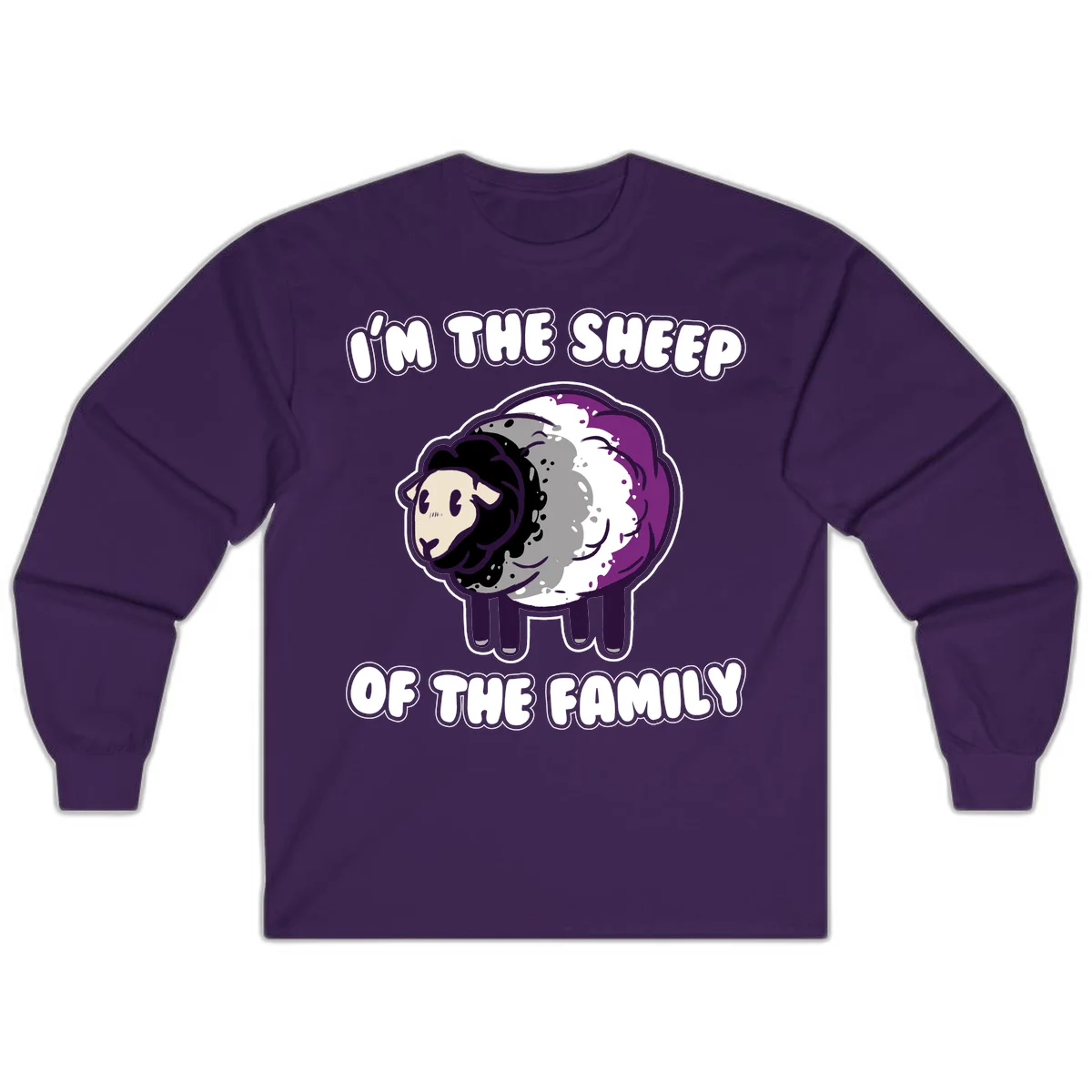 Cartoon purple and white sheep with text 'I'm the sheep of the family' - humorous family dynamic design in Purple