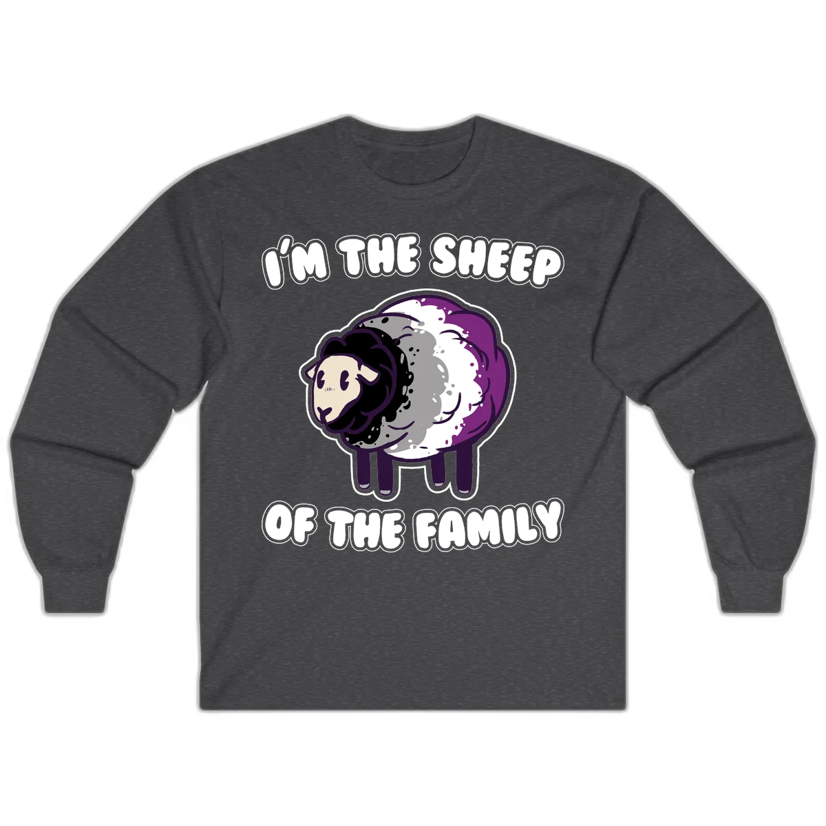 Cartoon purple and white sheep with text 'I'm the sheep of the family' - humorous family dynamic design in Dark Heather