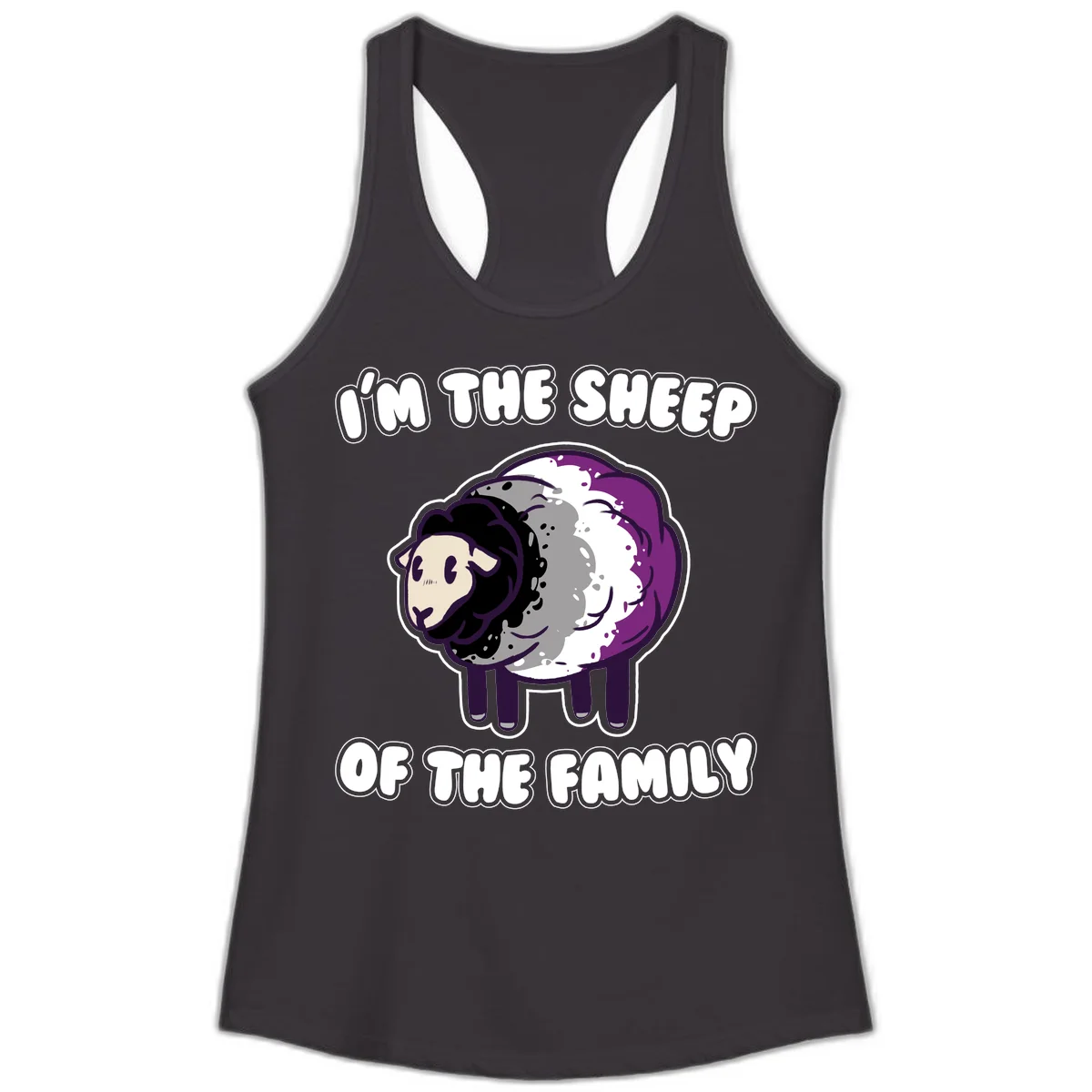 Cartoon purple and white sheep with text 'I'm the sheep of the family' - humorous family dynamic design in Black