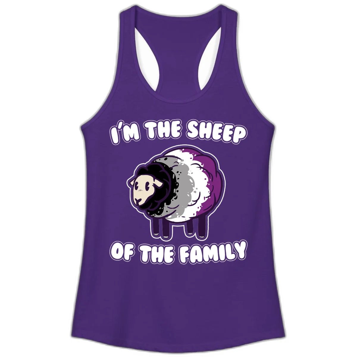 Cartoon purple and white sheep with text 'I'm the sheep of the family' - humorous family dynamic design in Solid Purple Rush