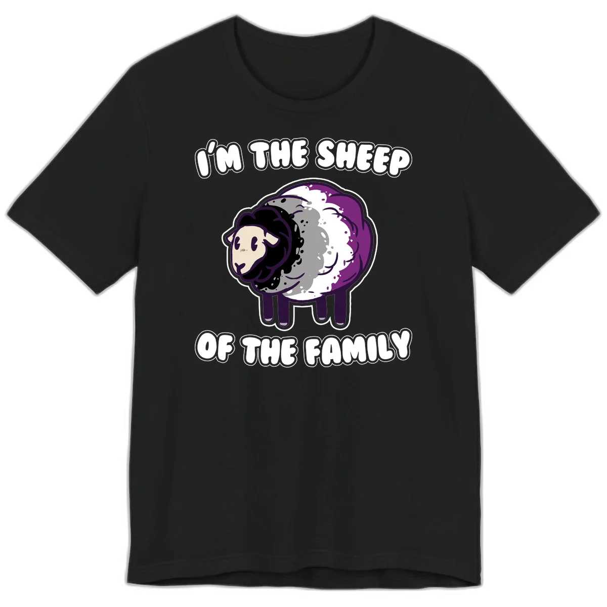 Cartoon purple and white sheep with text 'I'm the sheep of the family' - humorous family dynamic design in Black