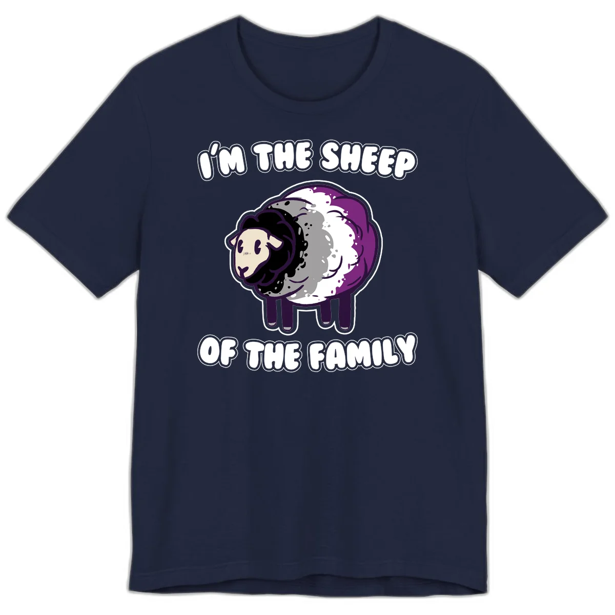 Cartoon purple and white sheep with text 'I'm the sheep of the family' - humorous family dynamic design in Navy