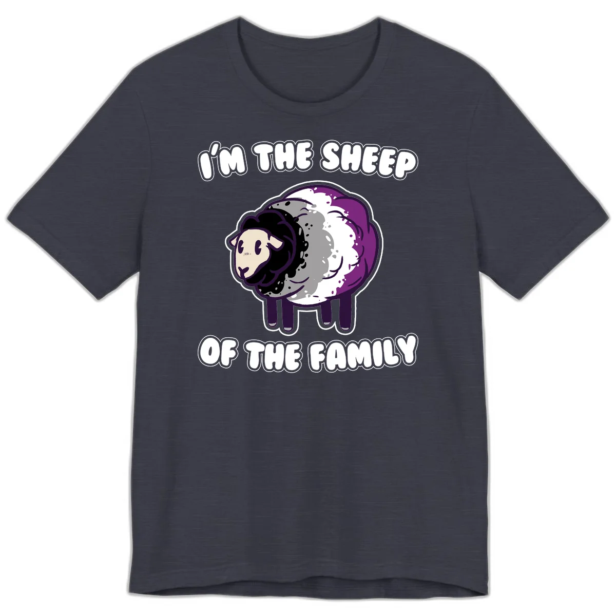Cartoon purple and white sheep with text 'I'm the sheep of the family' - humorous family dynamic design in Heather Midnight Navy