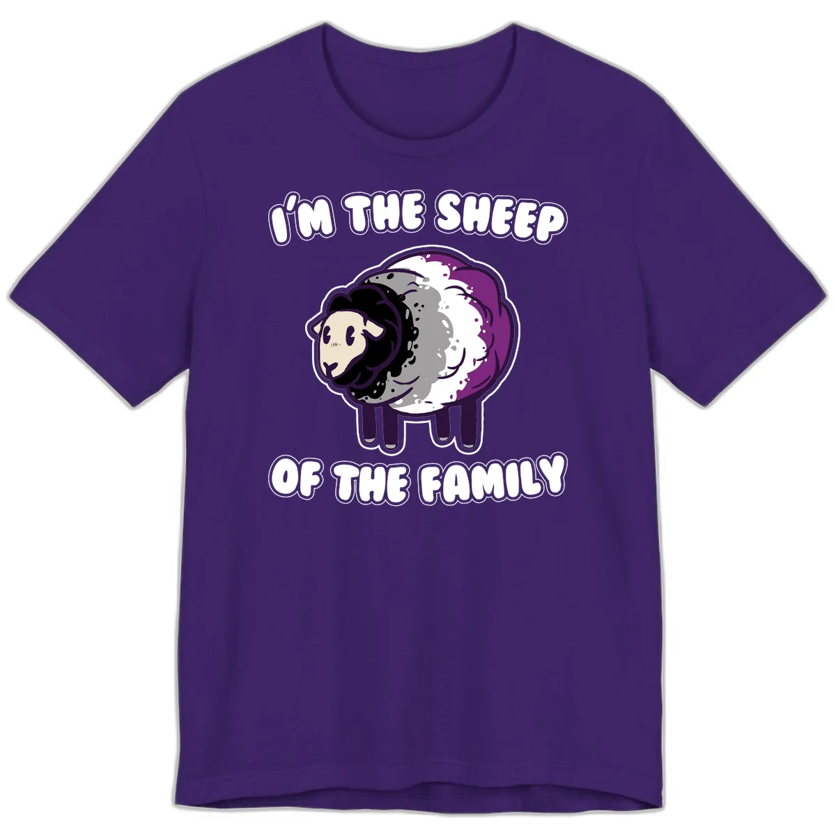 Cartoon purple and white sheep with text 'I'm the sheep of the family' - humorous family dynamic design in Team Purple