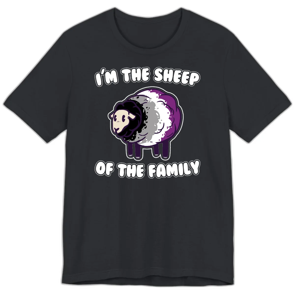 Cartoon purple and white sheep with text 'I'm the sheep of the family' - humorous family dynamic design in Vintage Black