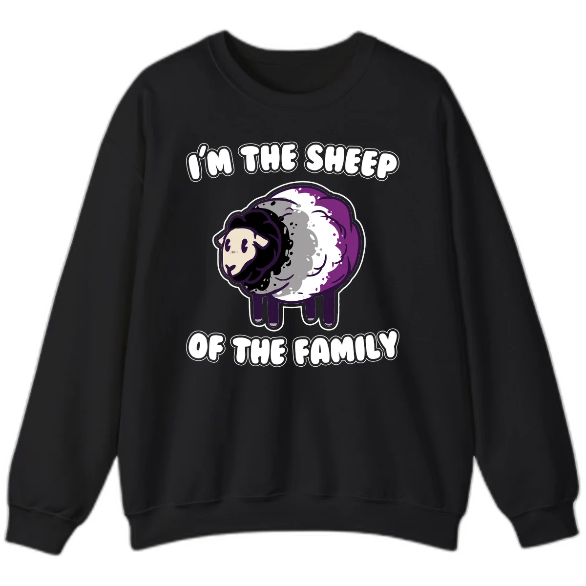 Cartoon purple and white sheep with text 'I'm the sheep of the family' - humorous family dynamic design in Black
