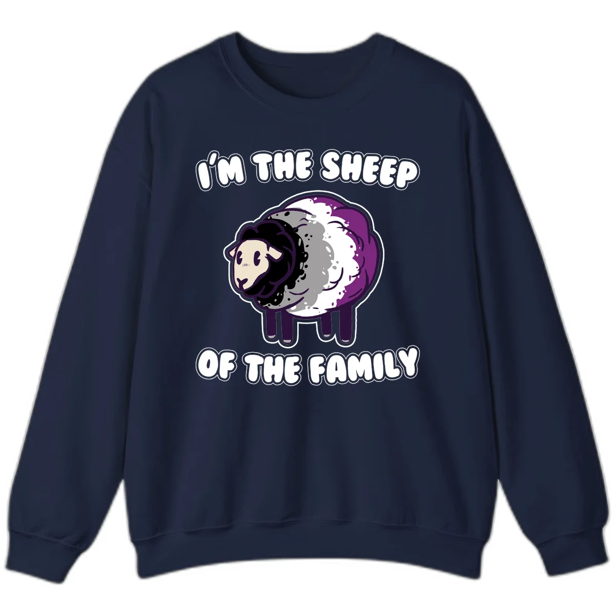 Cartoon purple and white sheep with text 'I'm the sheep of the family' - humorous family dynamic design in Navy