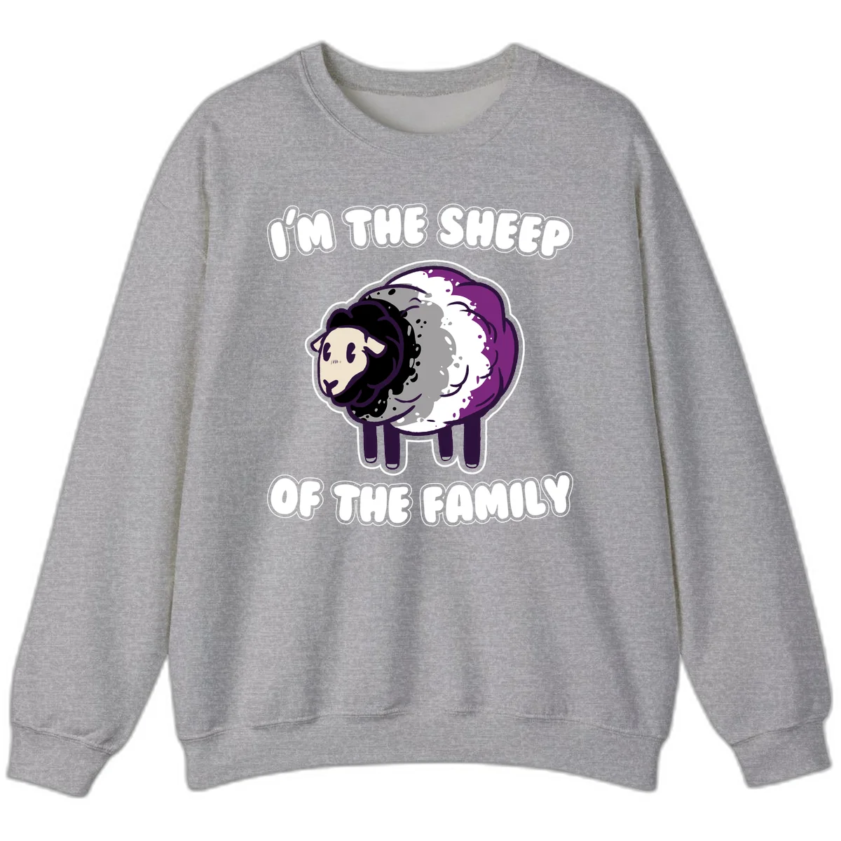 Cartoon purple and white sheep with text 'I'm the sheep of the family' - humorous family dynamic design in Sport Grey