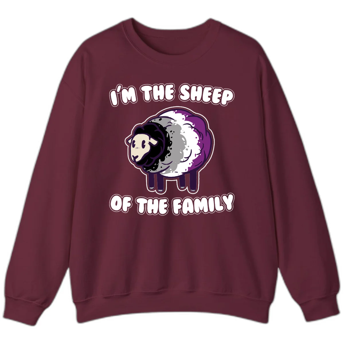 Cartoon purple and white sheep with text 'I'm the sheep of the family' - humorous family dynamic design in Maroon