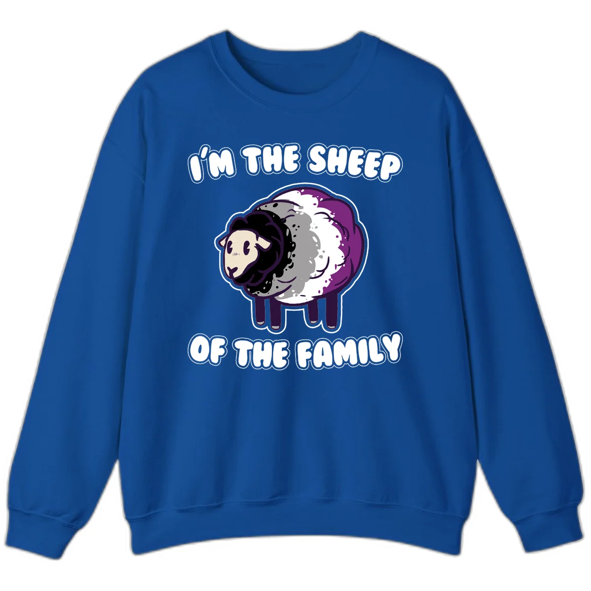Cartoon purple and white sheep with text 'I'm the sheep of the family' - humorous family dynamic design in Royal