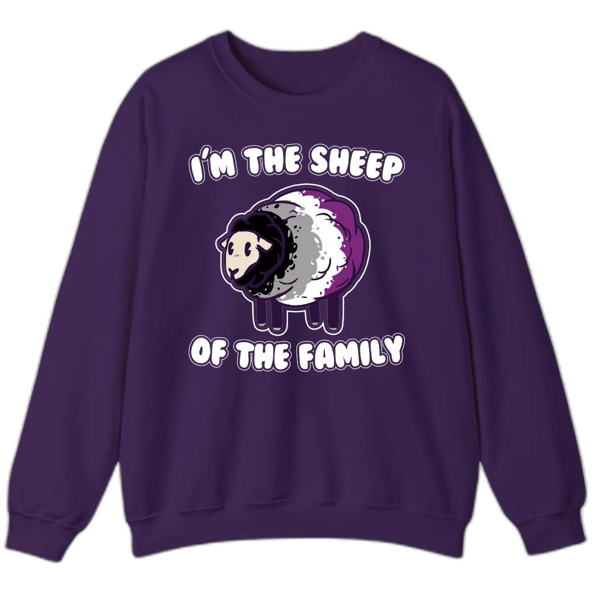 Cartoon purple and white sheep with text 'I'm the sheep of the family' - humorous family dynamic design in Purple