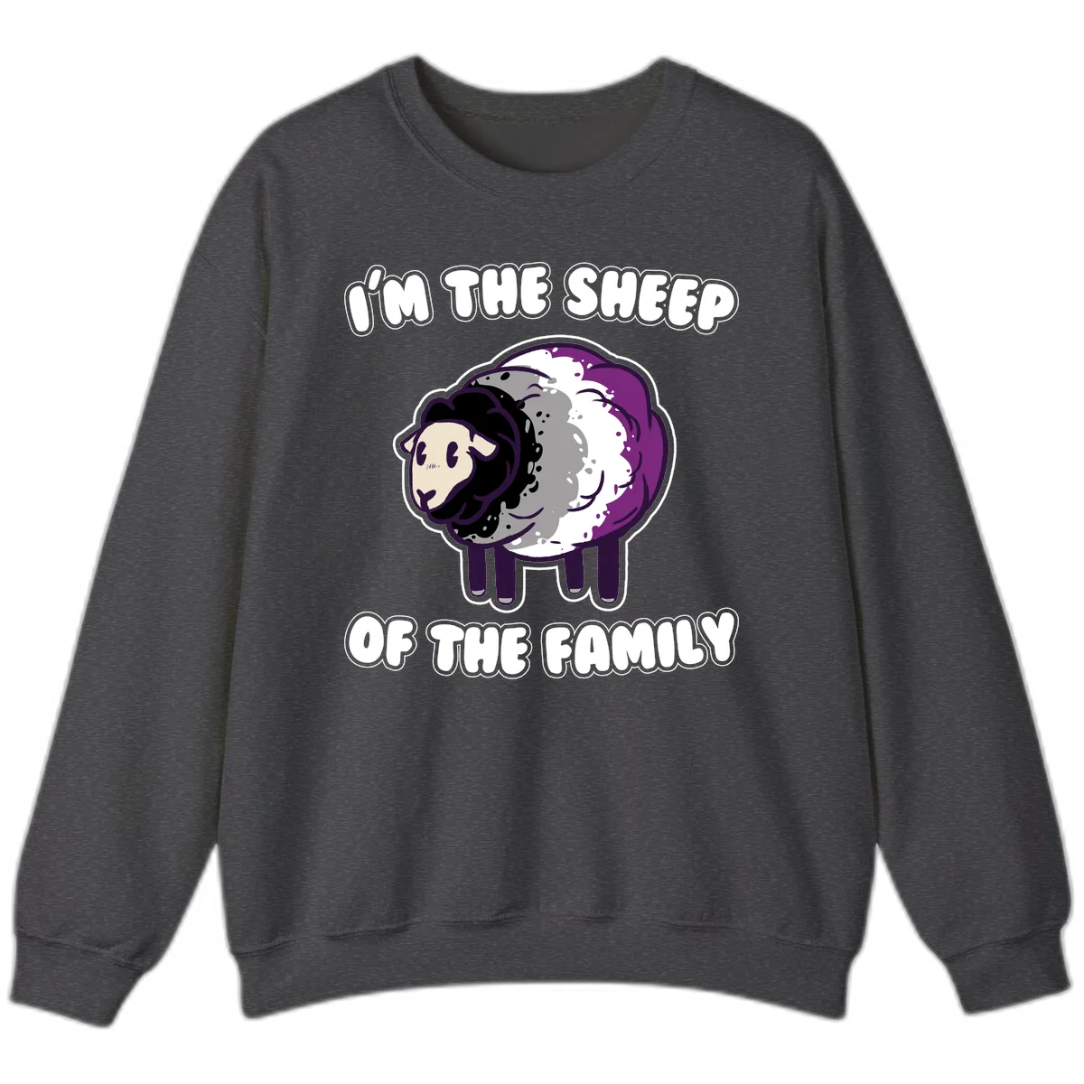 Cartoon purple and white sheep with text 'I'm the sheep of the family' - humorous family dynamic design in Dark Heather