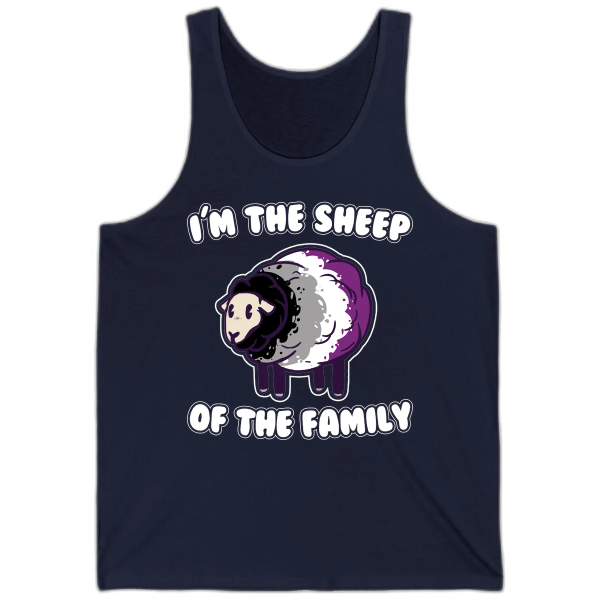 Cartoon purple and white sheep with text 'I'm the sheep of the family' - humorous family dynamic design in Navy