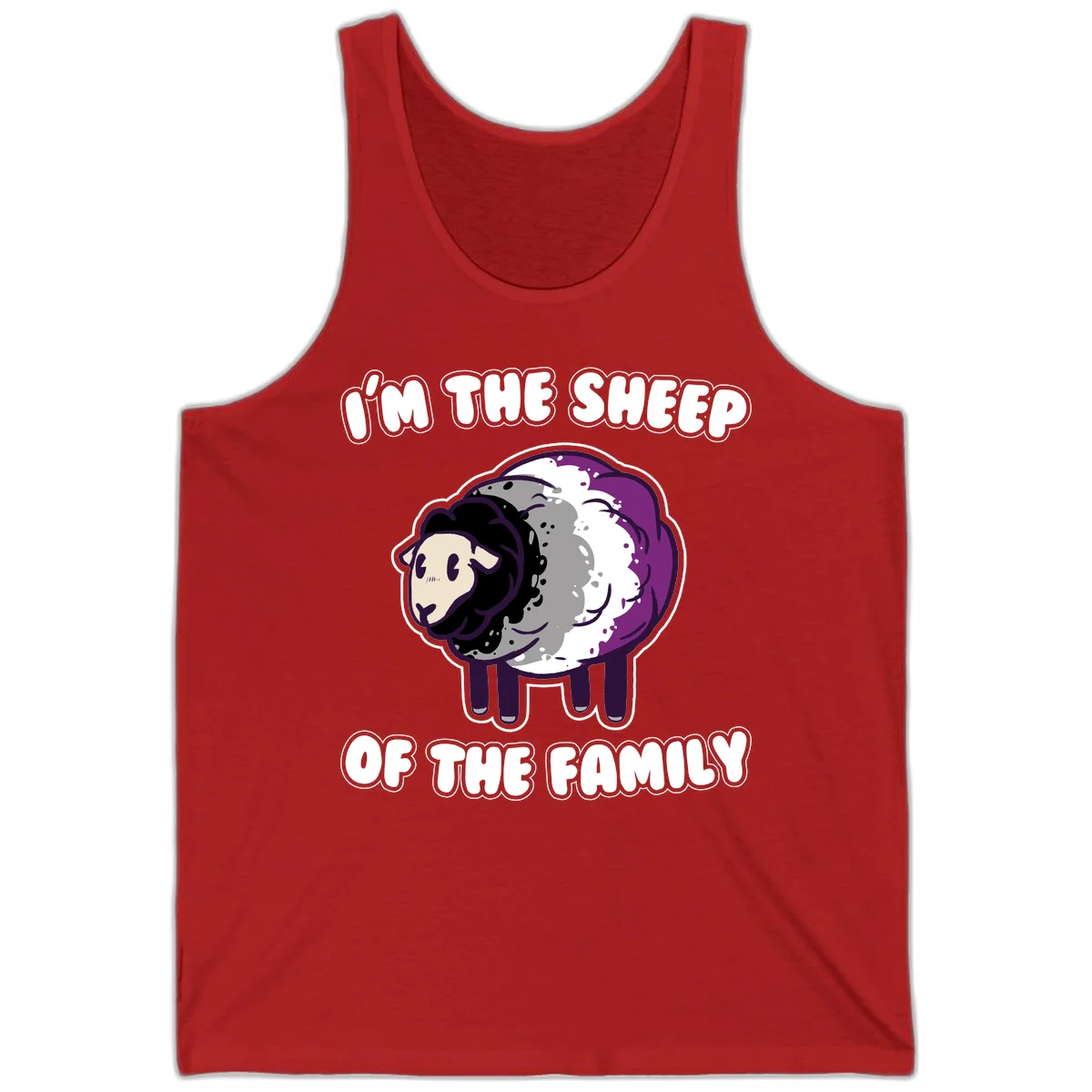 Cartoon purple and white sheep with text 'I'm the sheep of the family' - humorous family dynamic design in Red