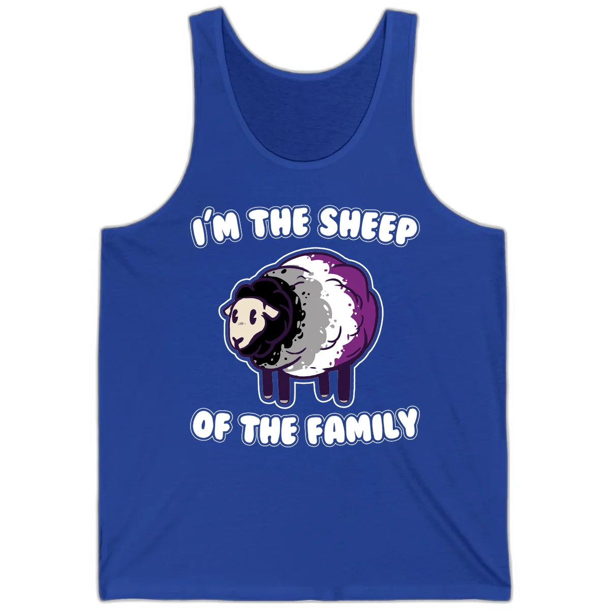 Cartoon purple and white sheep with text 'I'm the sheep of the family' - humorous family dynamic design in True Royal