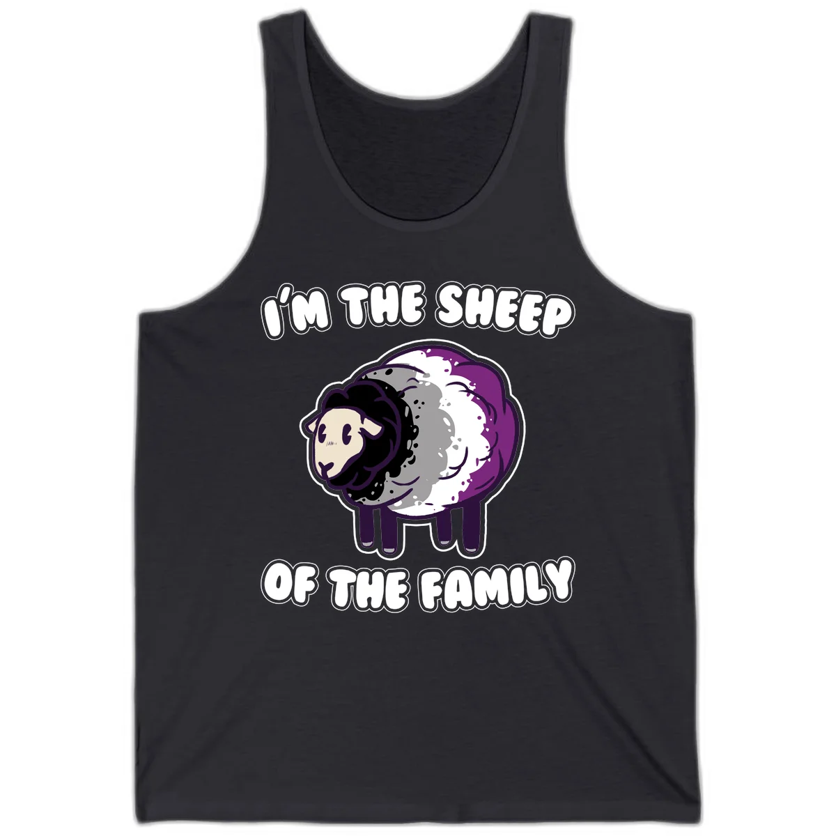 Cartoon purple and white sheep with text 'I'm the sheep of the family' - humorous family dynamic design in Dark Grey