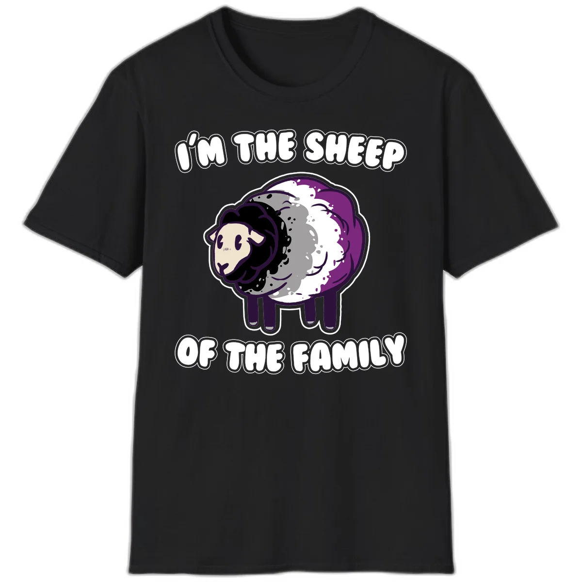 Cartoon purple and white sheep with text 'I'm the sheep of the family' - humorous family dynamic design in Black