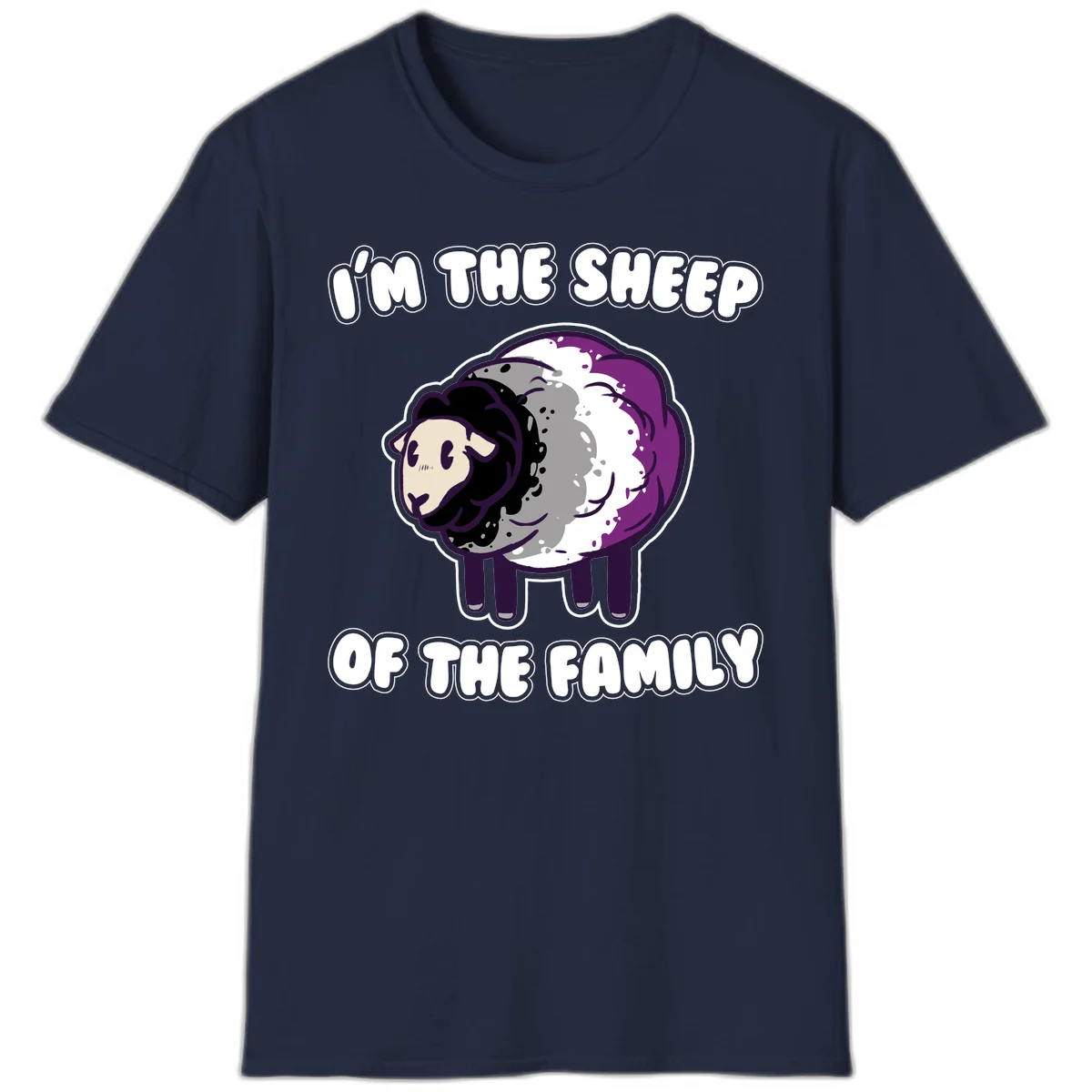 Cartoon purple and white sheep with text 'I'm the sheep of the family' - humorous family dynamic design in Navy