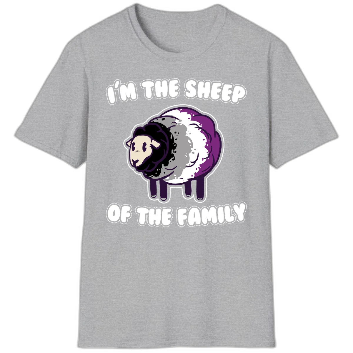 Cartoon purple and white sheep with text 'I'm the sheep of the family' - humorous family dynamic design in Sport Grey