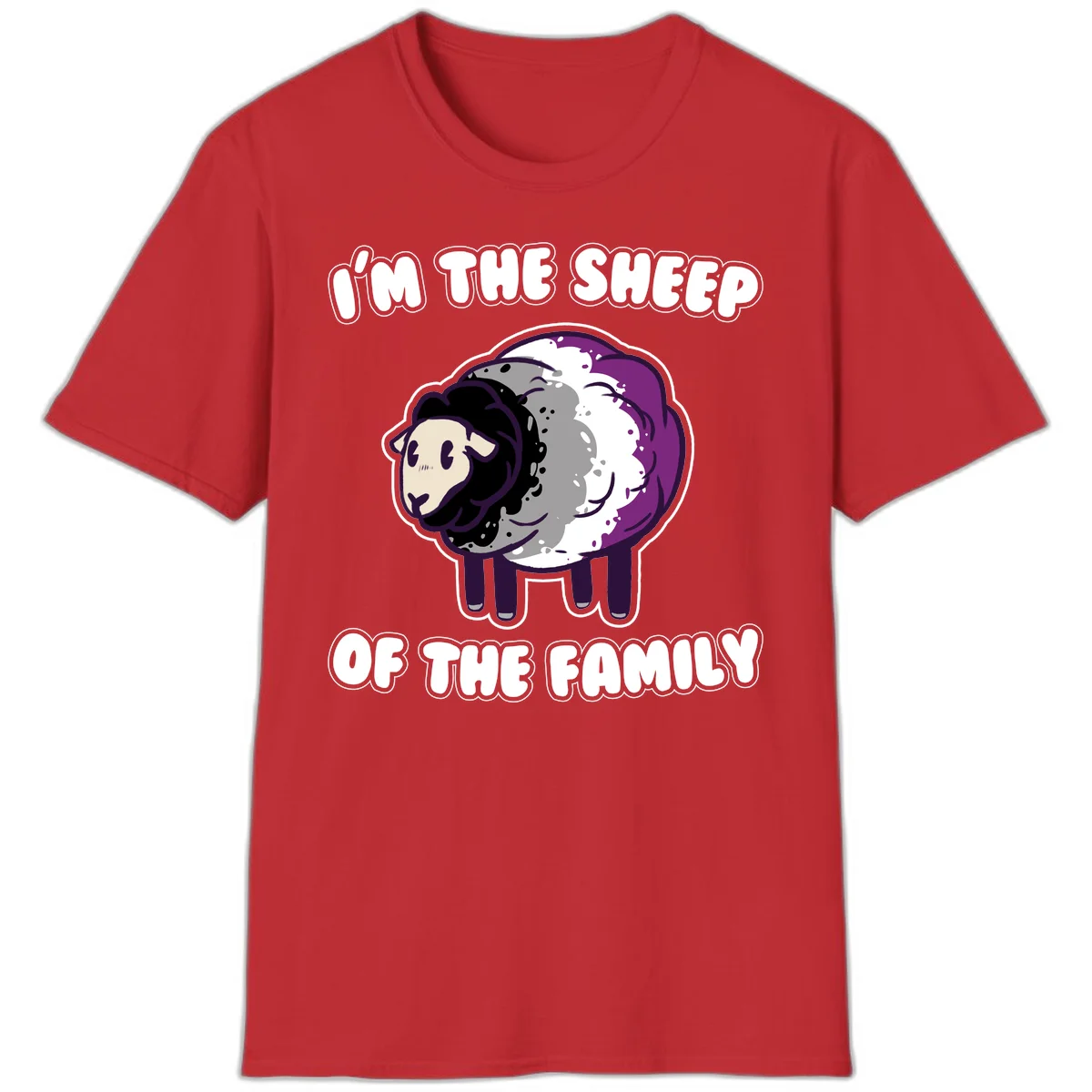 Cartoon purple and white sheep with text 'I'm the sheep of the family' - humorous family dynamic design in Red