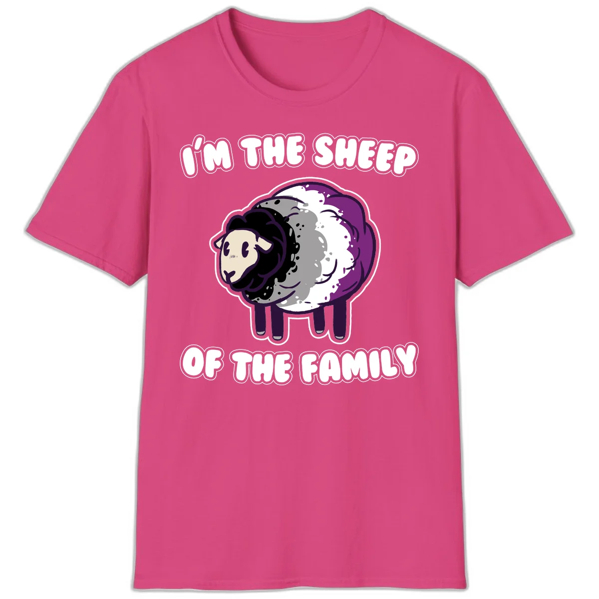 Cartoon purple and white sheep with text 'I'm the sheep of the family' - humorous family dynamic design in Heliconia