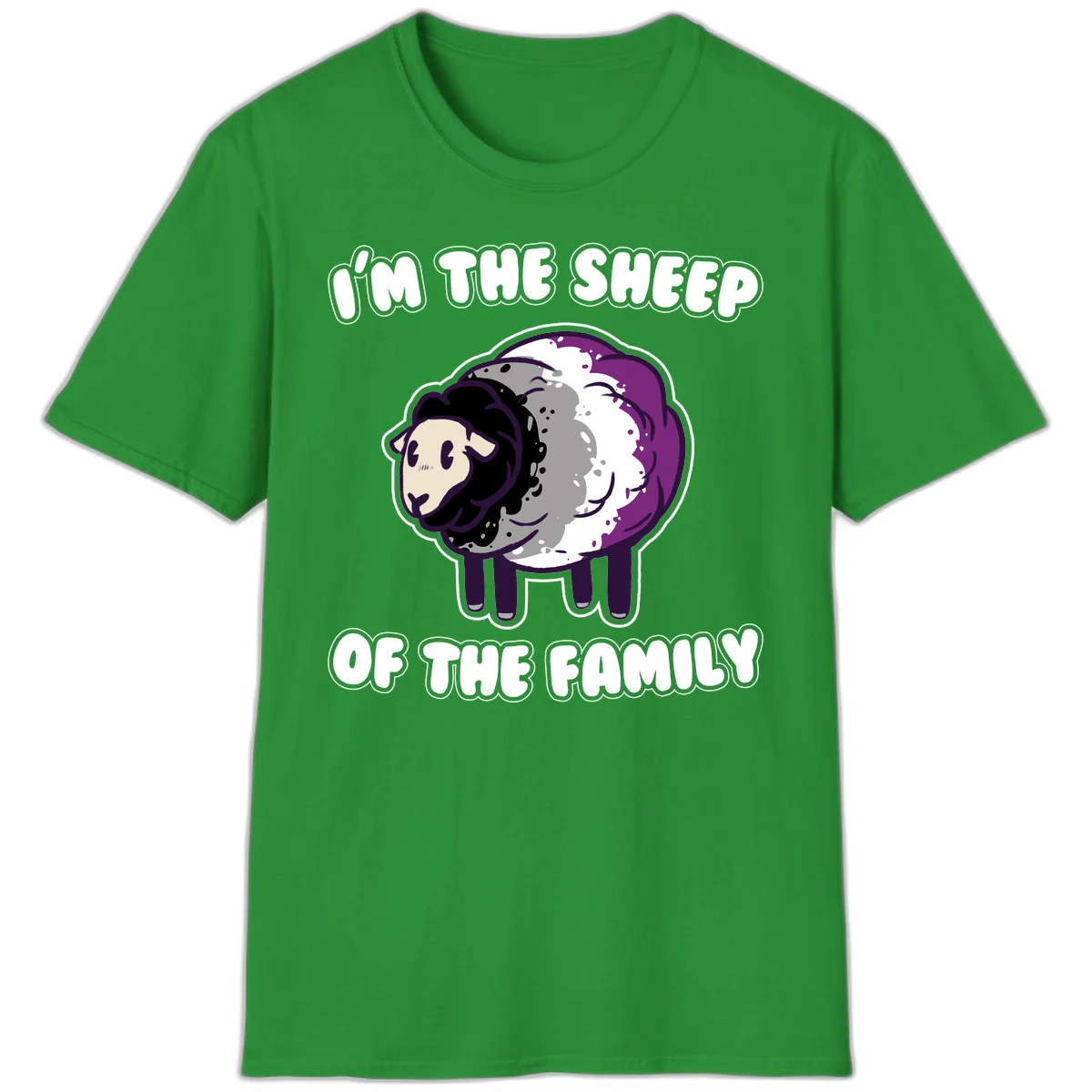 Cartoon purple and white sheep with text 'I'm the sheep of the family' - humorous family dynamic design in Irish Green
