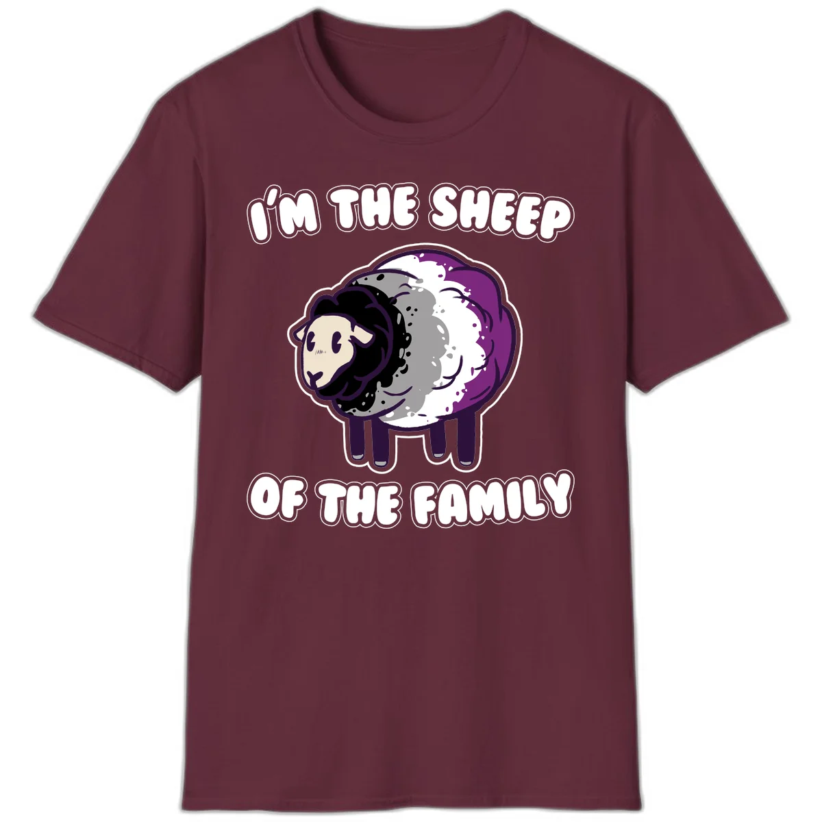 Cartoon purple and white sheep with text 'I'm the sheep of the family' - humorous family dynamic design in Maroon