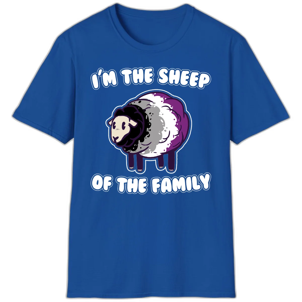 Cartoon purple and white sheep with text 'I'm the sheep of the family' - humorous family dynamic design in Royal