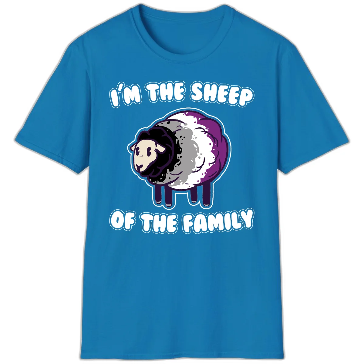 Cartoon purple and white sheep with text 'I'm the sheep of the family' - humorous family dynamic design in Sapphire
