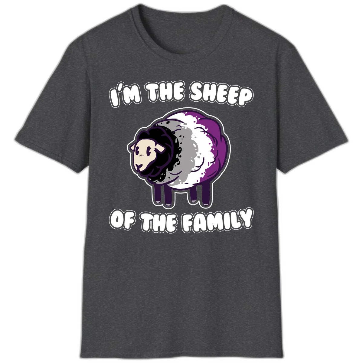 Cartoon purple and white sheep with text 'I'm the sheep of the family' - humorous family dynamic design in Dark Heather