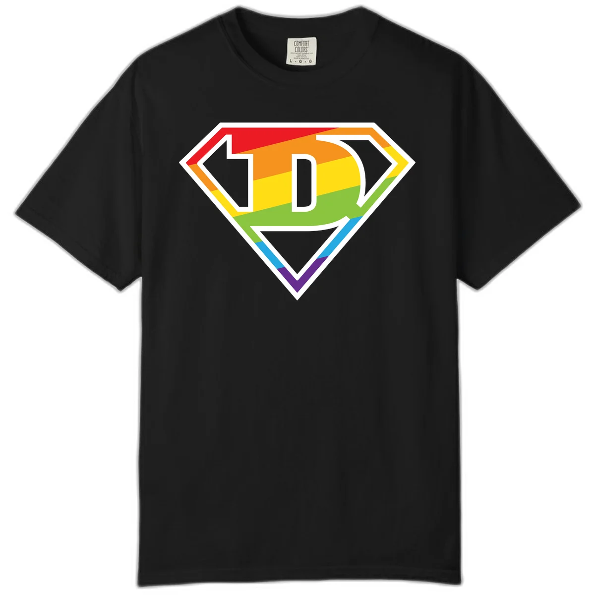 Rainbow pride shield with letter D centered, featuring red, orange, yellow, green, blue, and purple horizontal stripes with white chevron borders in Black