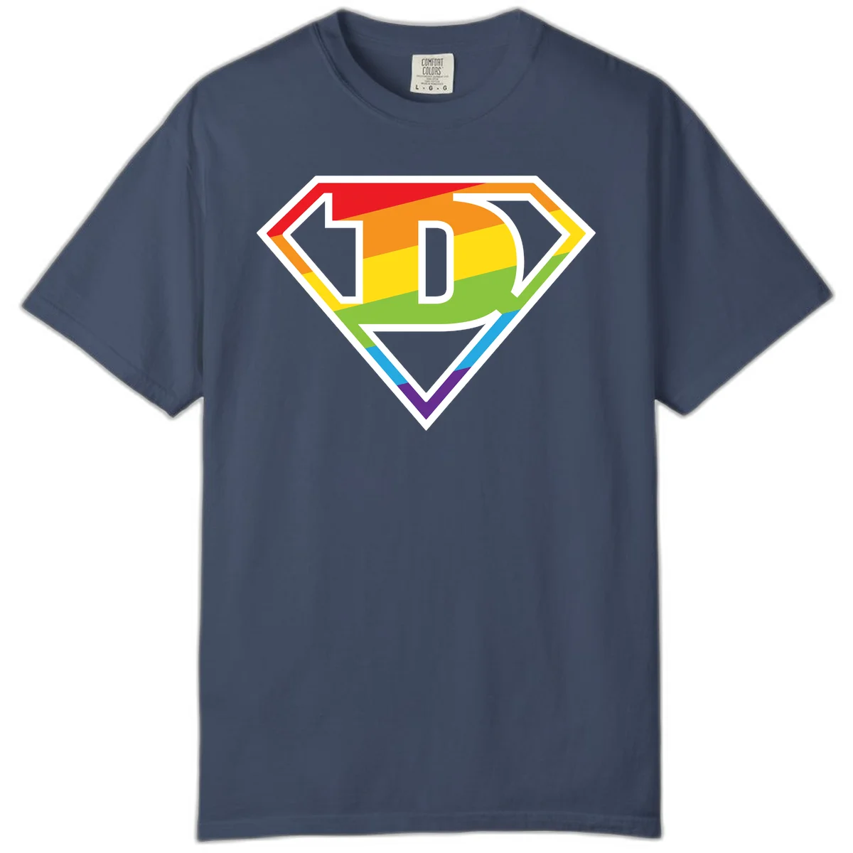 Rainbow pride shield with letter D centered, featuring red, orange, yellow, green, blue, and purple horizontal stripes with white chevron borders in Midnight