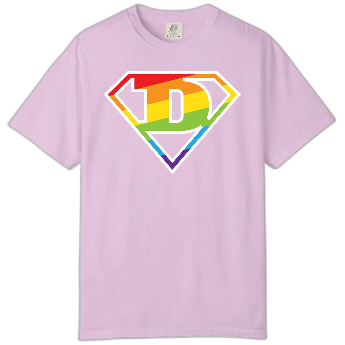 Rainbow pride shield with letter D centered, featuring red, orange, yellow, green, blue, and purple horizontal stripes with white chevron borders in Orchid