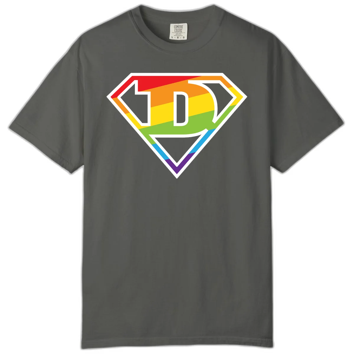 Rainbow pride shield with letter D centered, featuring red, orange, yellow, green, blue, and purple horizontal stripes with white chevron borders in Pepper