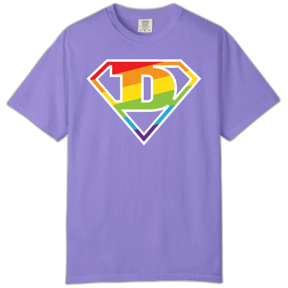 Rainbow pride shield with letter D centered, featuring red, orange, yellow, green, blue, and purple horizontal stripes with white chevron borders in Violet