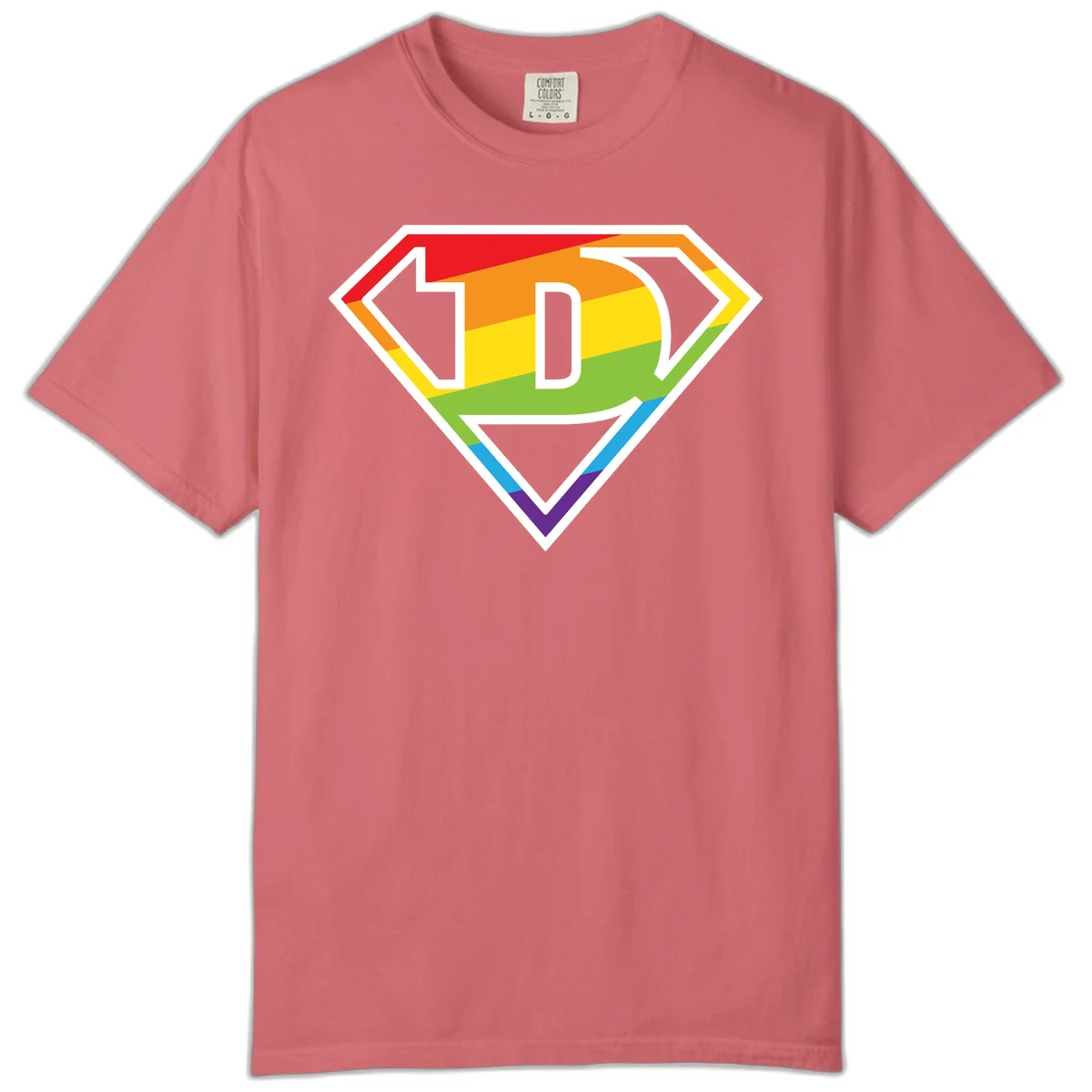 Rainbow pride shield with letter D centered, featuring red, orange, yellow, green, blue, and purple horizontal stripes with white chevron borders in Watermelon