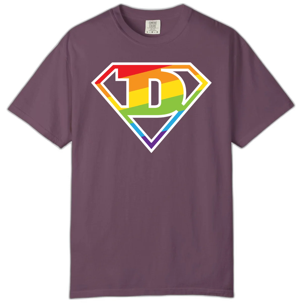Rainbow pride shield with letter D centered, featuring red, orange, yellow, green, blue, and purple horizontal stripes with white chevron borders in Berry