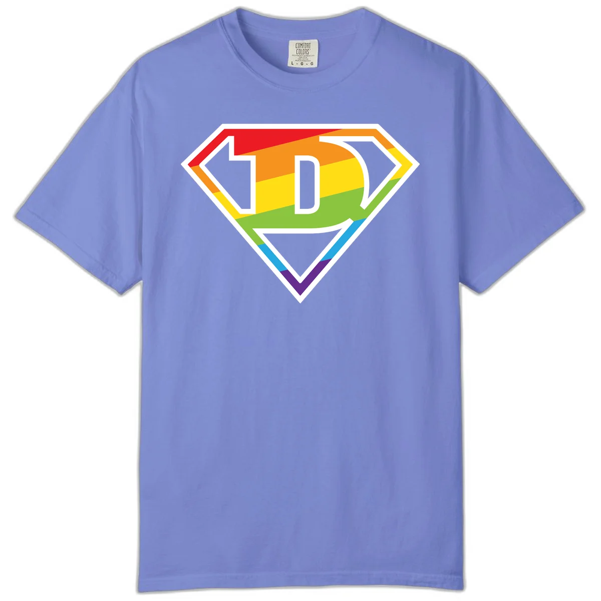 Rainbow pride shield with letter D centered, featuring red, orange, yellow, green, blue, and purple horizontal stripes with white chevron borders in Flo Blue