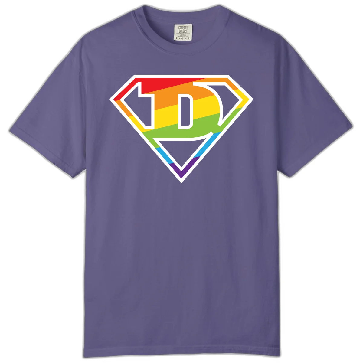 Rainbow pride shield with letter D centered, featuring red, orange, yellow, green, blue, and purple horizontal stripes with white chevron borders in Grape
