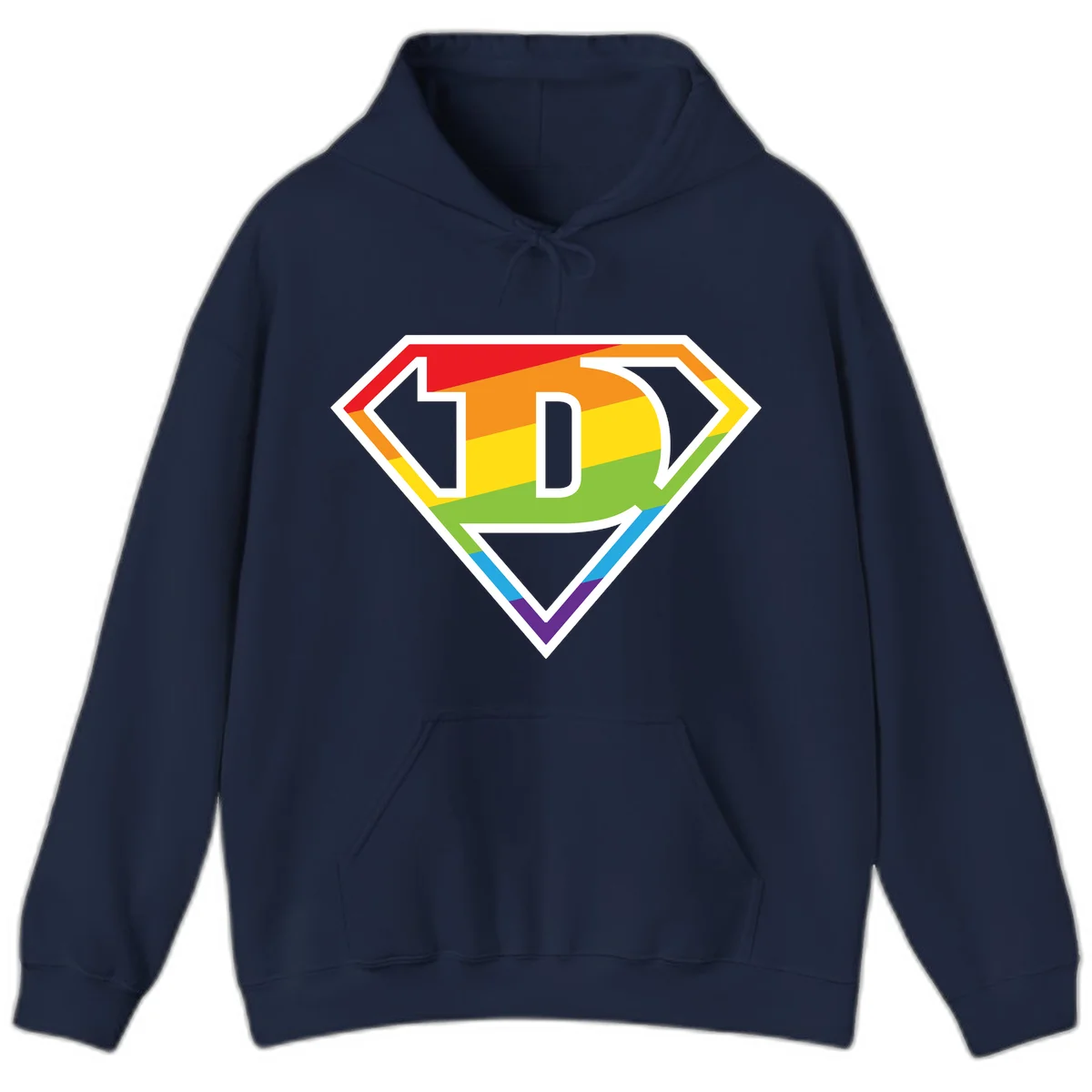 Rainbow pride shield with letter D centered, featuring red, orange, yellow, green, blue, and purple horizontal stripes with white chevron borders in Navy