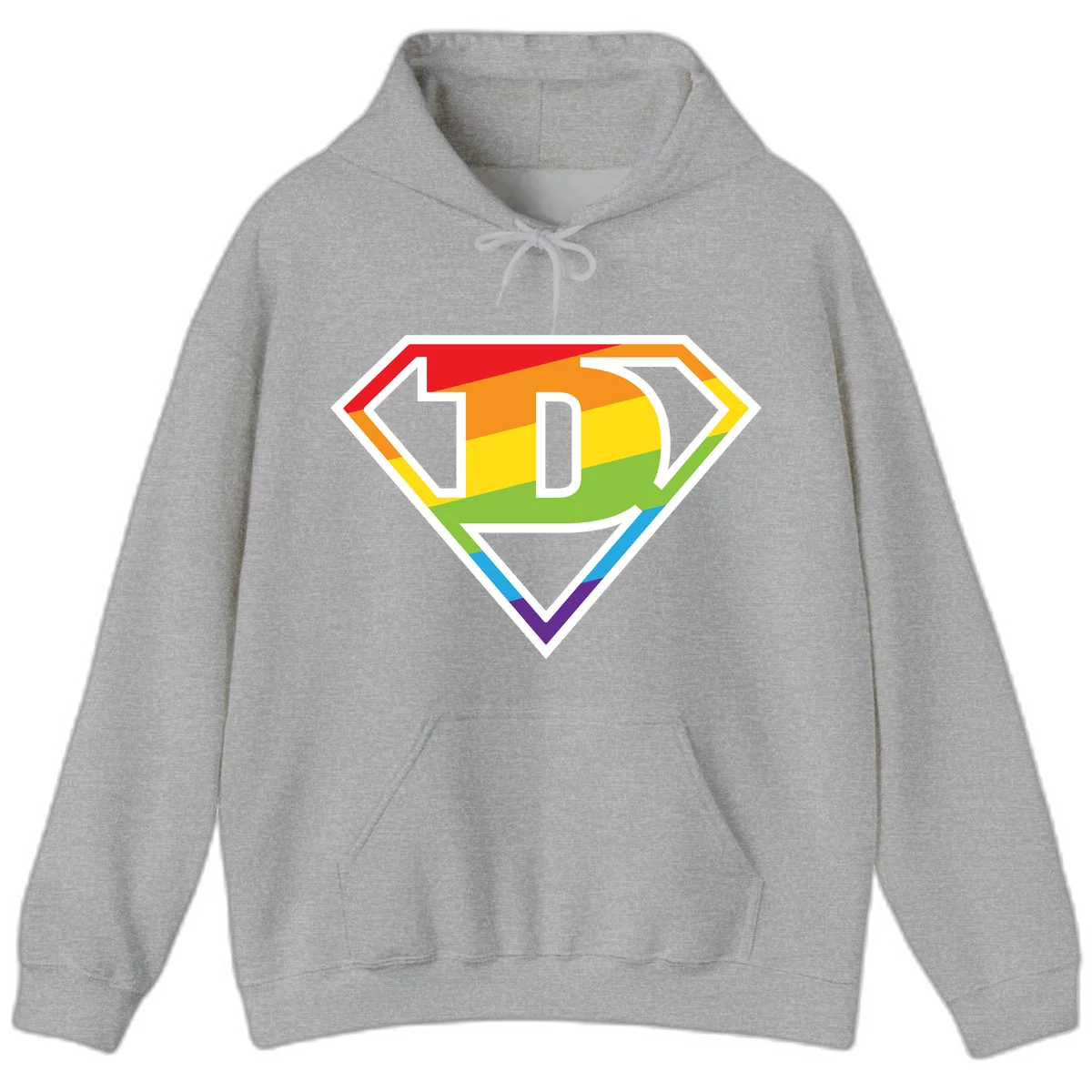 Rainbow pride shield with letter D centered, featuring red, orange, yellow, green, blue, and purple horizontal stripes with white chevron borders in Sport Grey